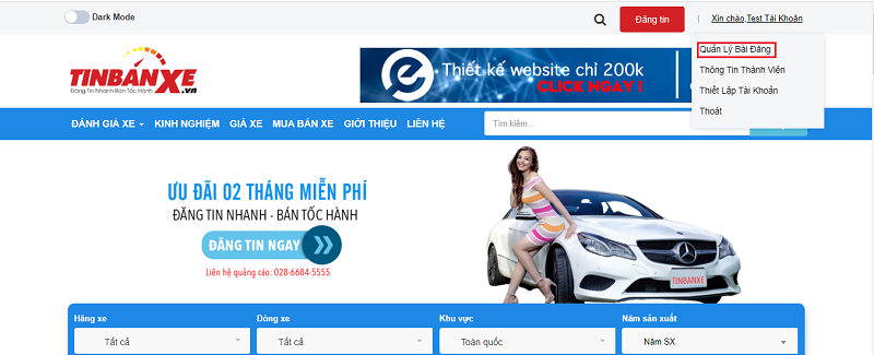 chon vao quan ly tin dang o tren goc trai man hinh tin ban xe